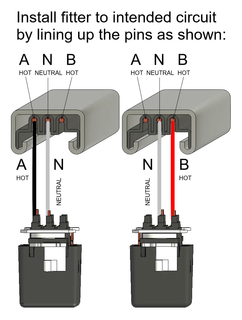 Diagram showing how to align Track Busway fitter pins for A-N or B-N single-phase circuit connection