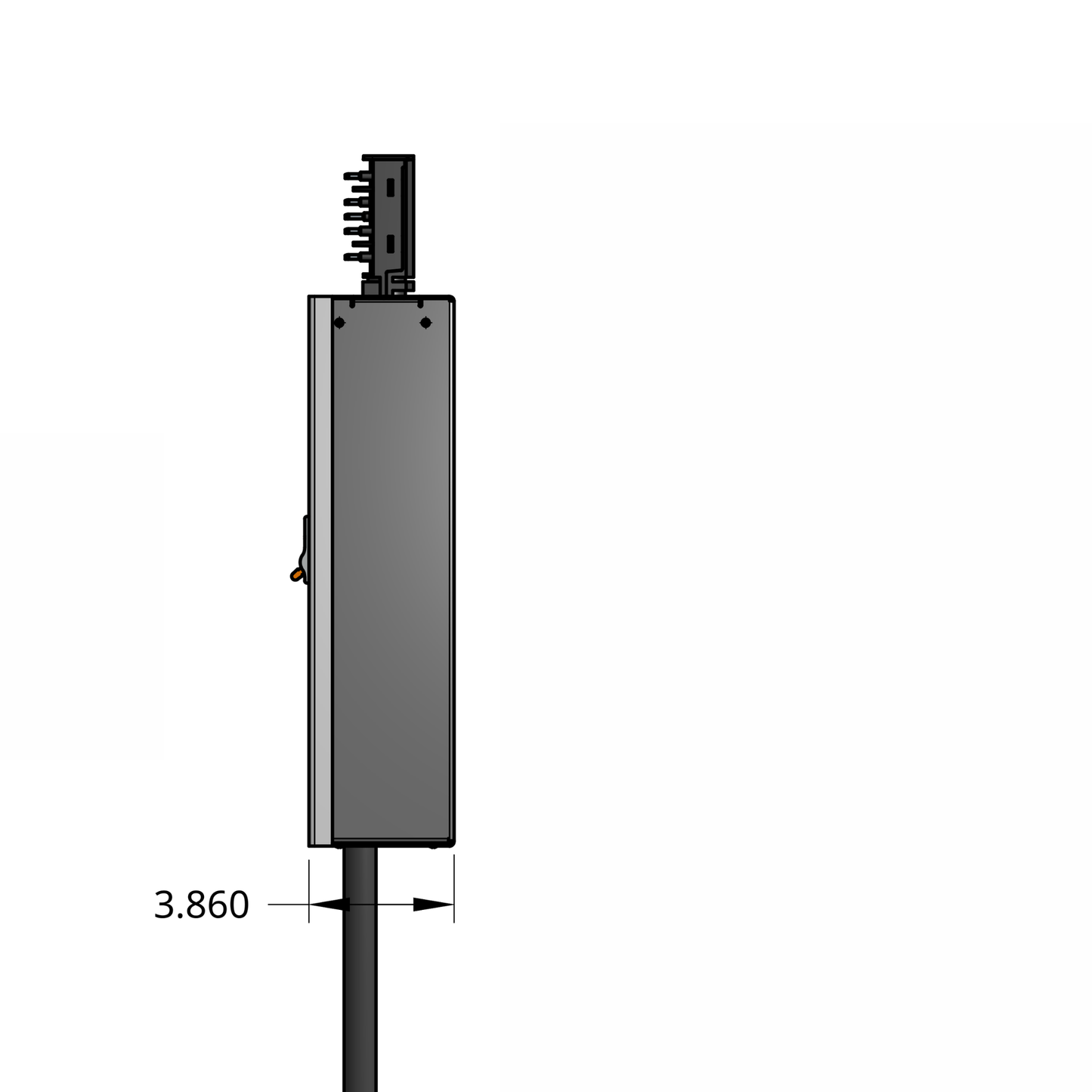Side profile of standard tap box enclosure with cord and track busway fitting