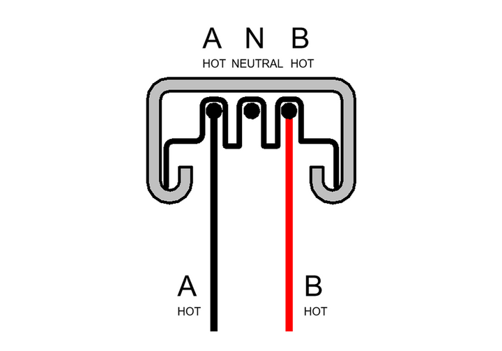 2-pole fitting engagement with hot conductors A and B for a line-to-line connection