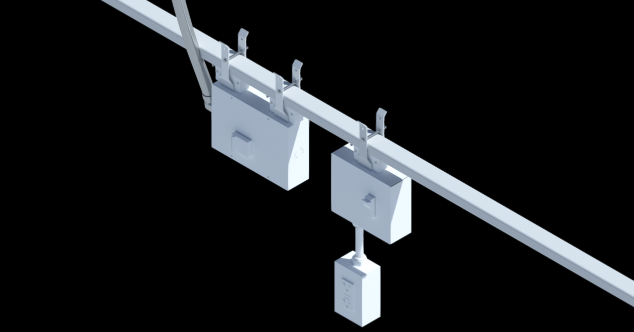 Axonometric view of single-phase Track Busway with feed unit and duplex drop cord for plug-in power distribution