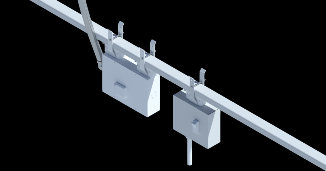 Axonometric view of single-phase Track Busway with feed unit and live-end drop cord for power distribution