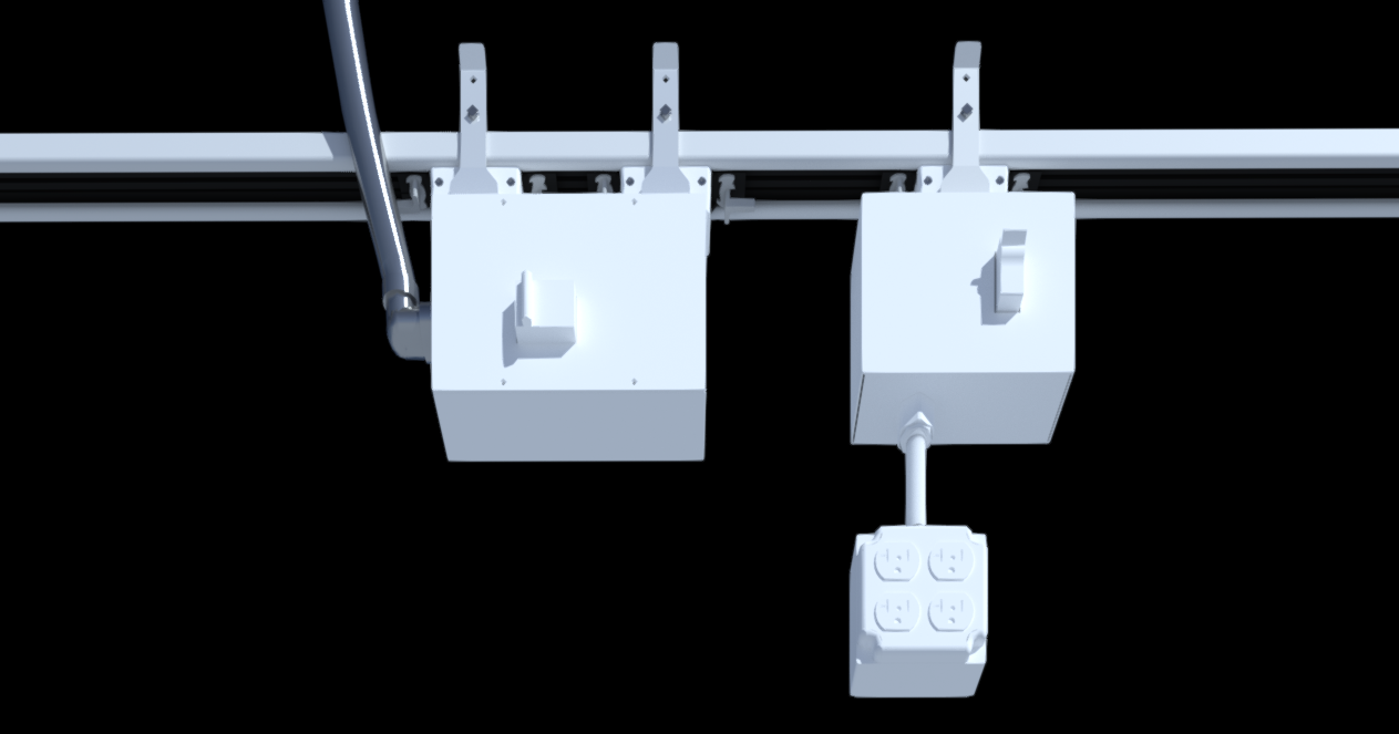 Single-deck Track Busway with feed unit and drop cord box with quad outlet for plug-in power distribution
