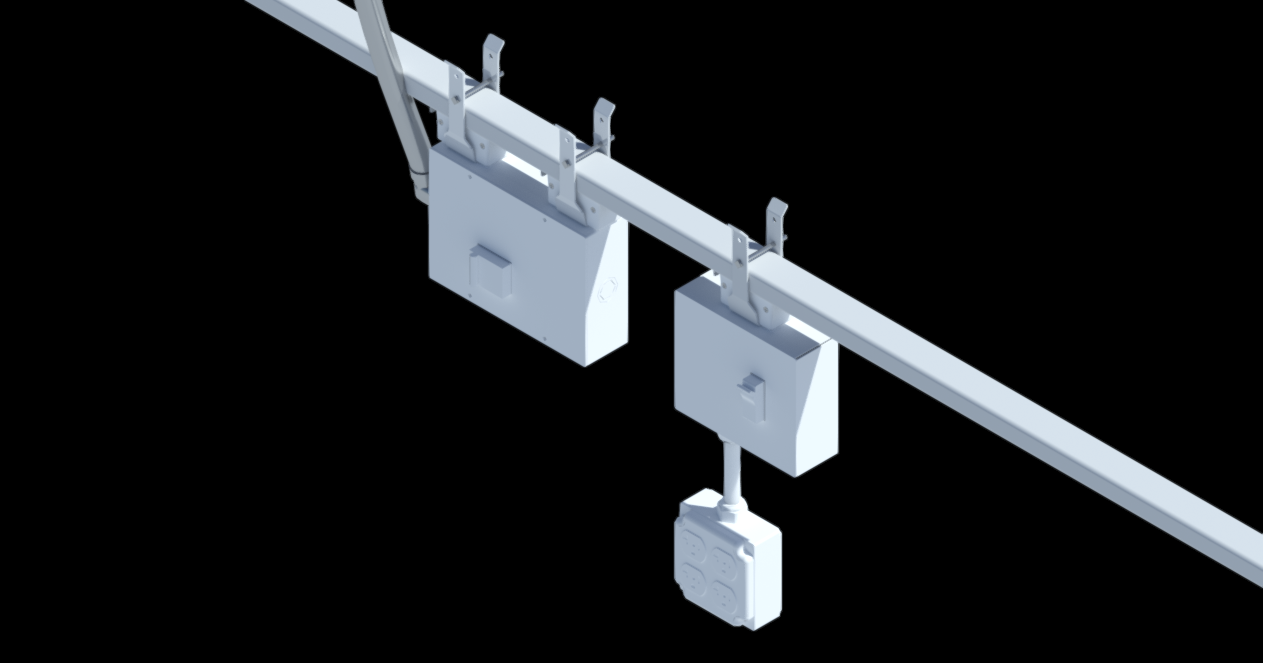 Axonometric view of single-deck Track Busway with feed unit and drop cord box for plug-in power distribution