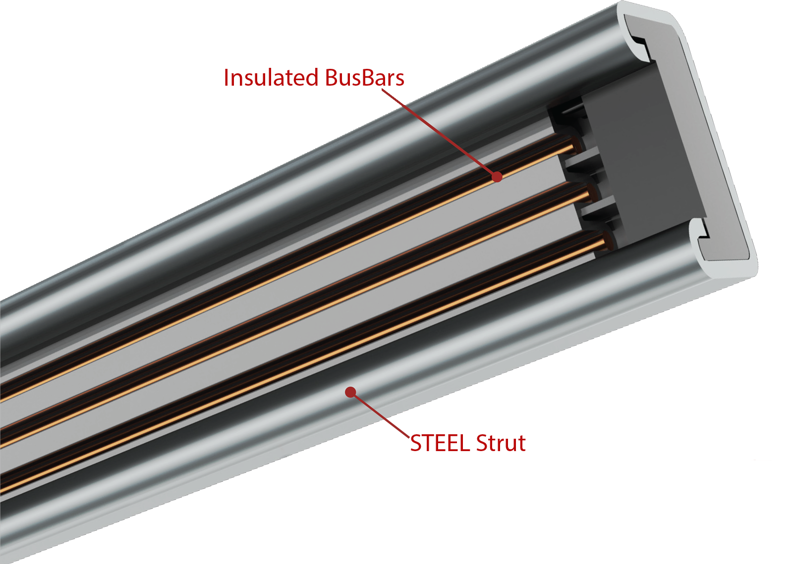 Inside view of open slot plug-in steel busway with insulated copper busbars