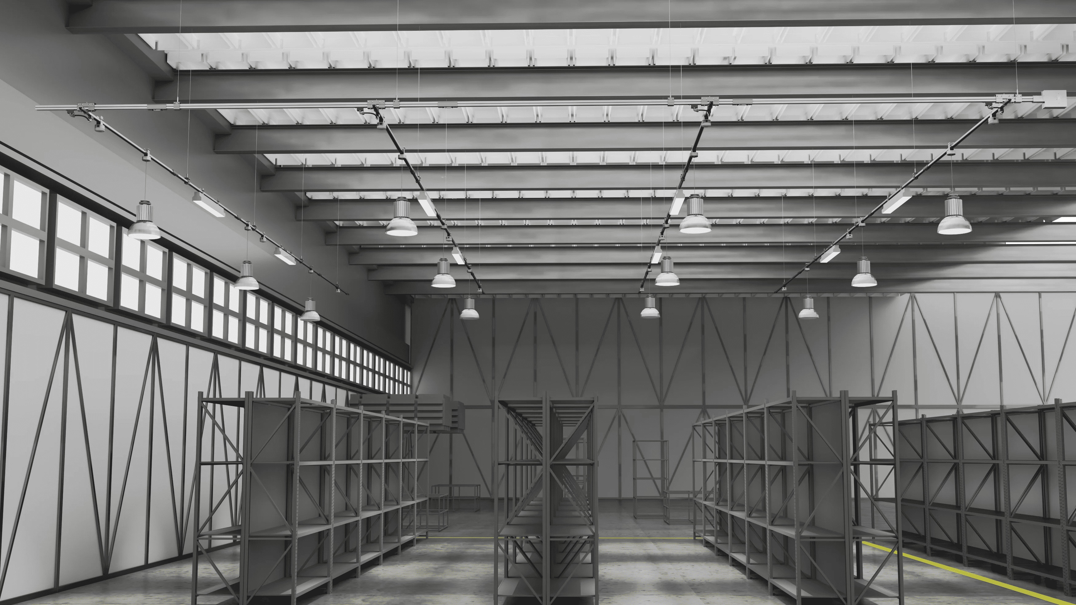 track busway configuration suspended in a distribution center for low bay and linear lighting precisely in-between aisles