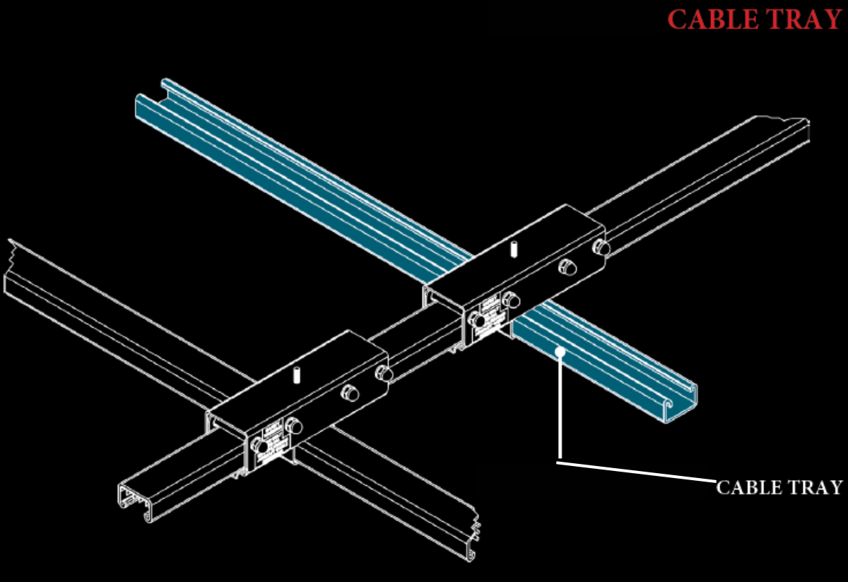 Track Busway system with integrated cable tray for routing power and data in cross-shaped layout