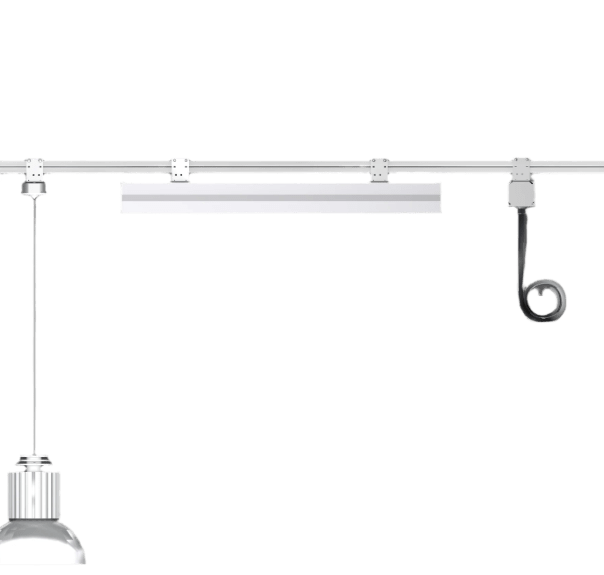 Overhead busway with pendant light, linear fixture, and coiled power drop for flexible ceiling installation