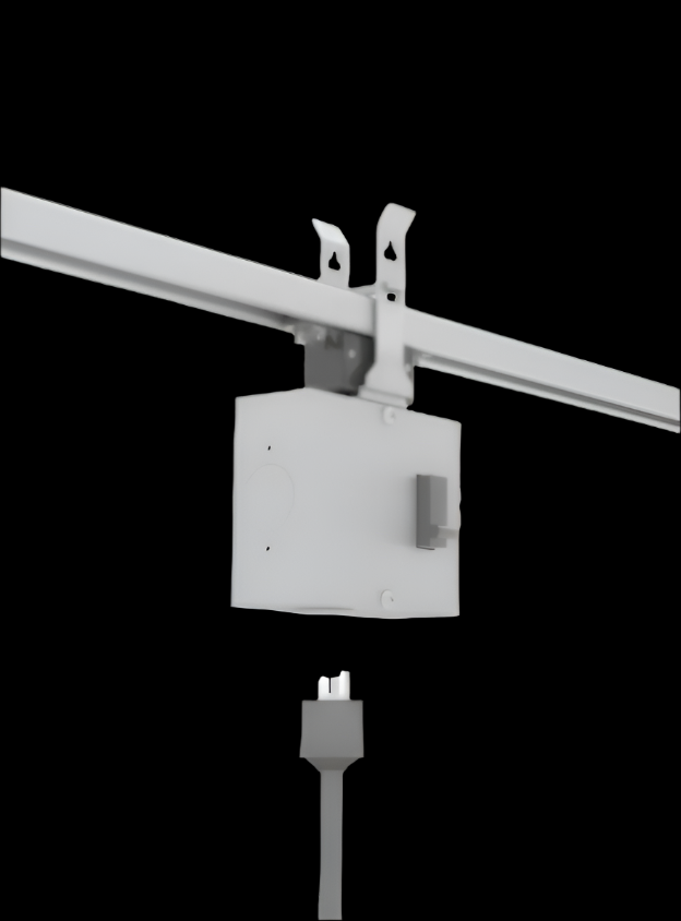 Plug-in receptacle box for modular track busway system enabling overhead power tap-offs