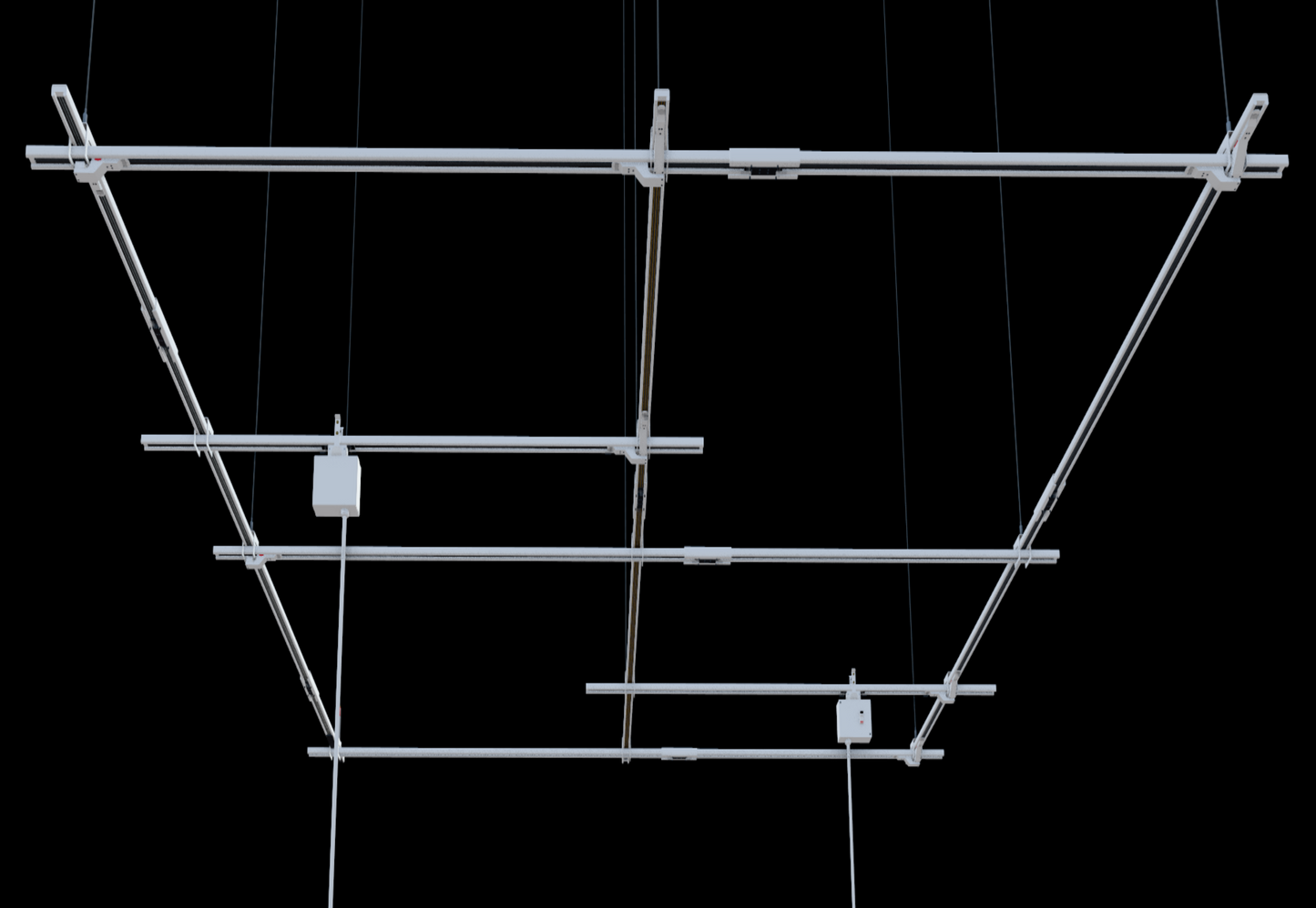 Medium Track Busway suspended grid configuration with power drops and linear lights and baffles