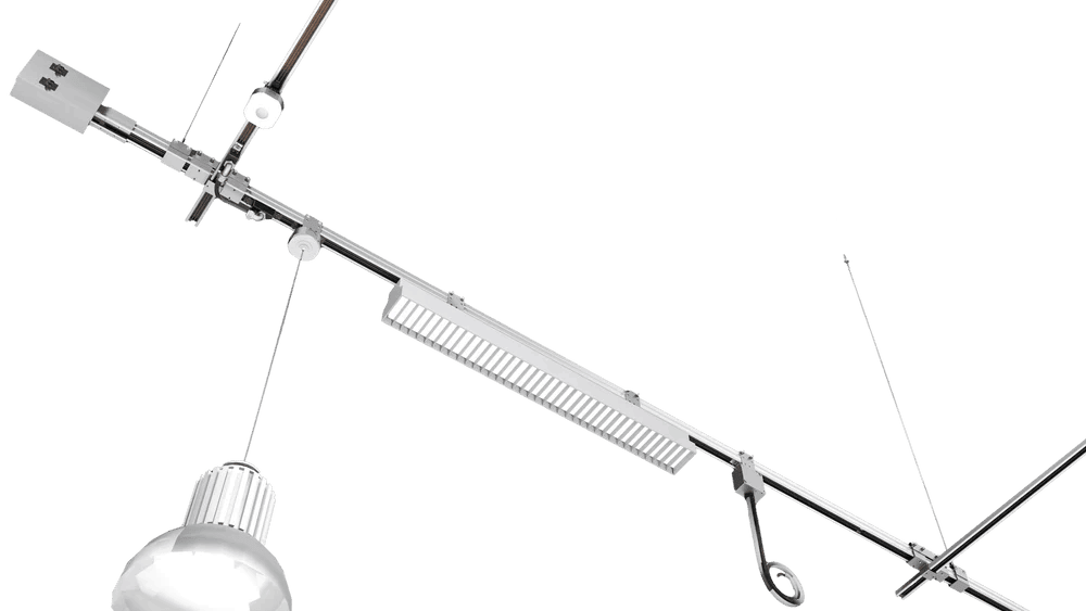 Track Busway system with pendant lighting, linear lighting, and overhead power drops