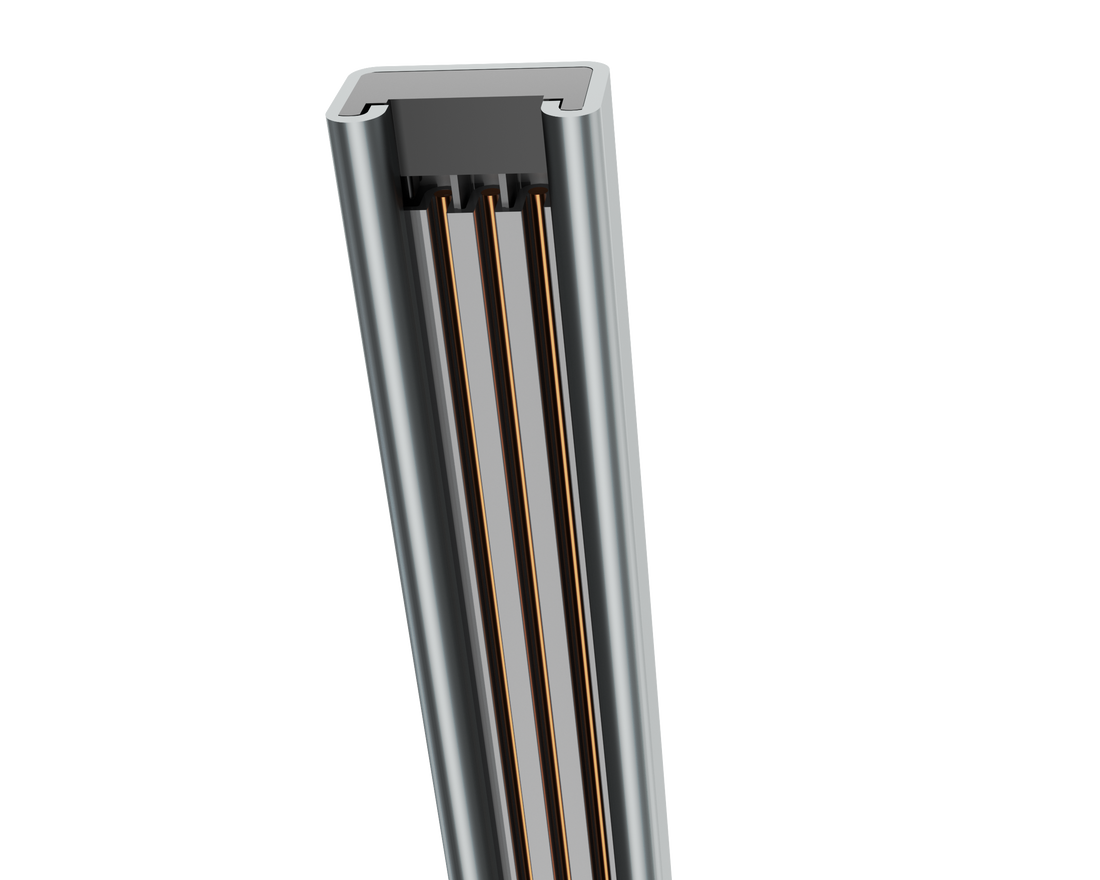 Modular track busway section with enclosed copper conductors for overhead power distribution