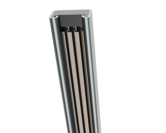 Modular track busway section with enclosed copper conductors for overhead power distribution