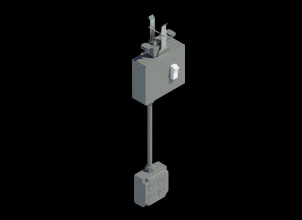 120V Track Busway drop cord hanging from overhead busway with plug-in fitting and cord below