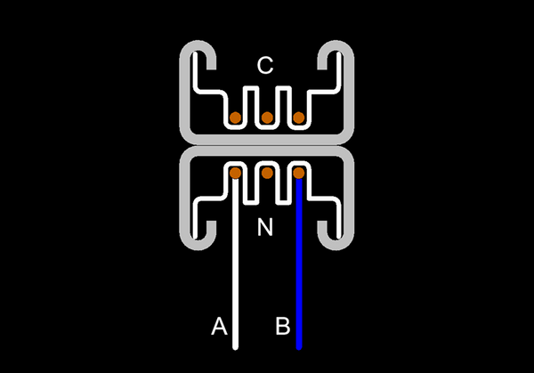 Diagram showing 2-pole tap-off unit connection to modular 3-phase track busway with line-to-line connection for 208V-1Ph or 240V.