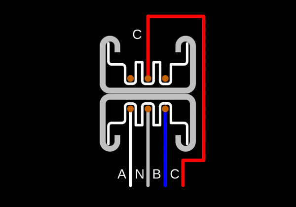 4-pole Track Busway cross section showing A, B, C phase and neutral wiring with top-to-bottom circuit continuity