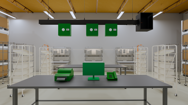 Rendered 225A Track Busway row suspended above equipment in an industrial facility