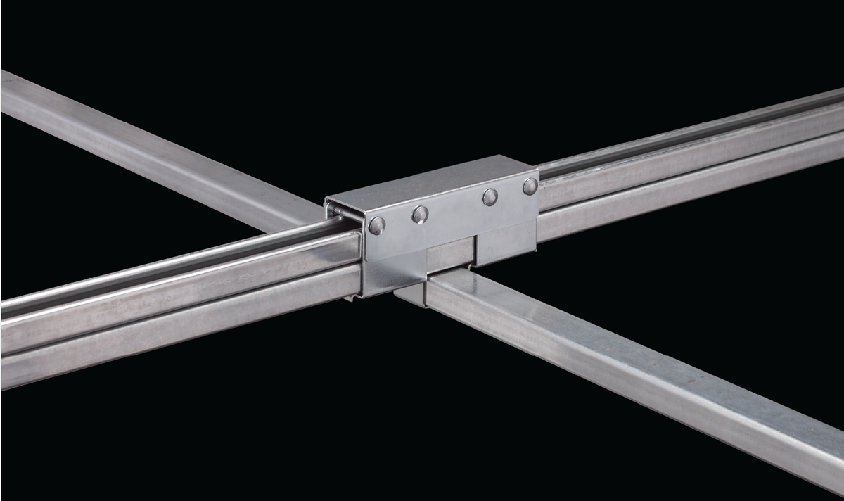 Product image of a two‑over‑one crossover bracket connecting multiple track busway rails
