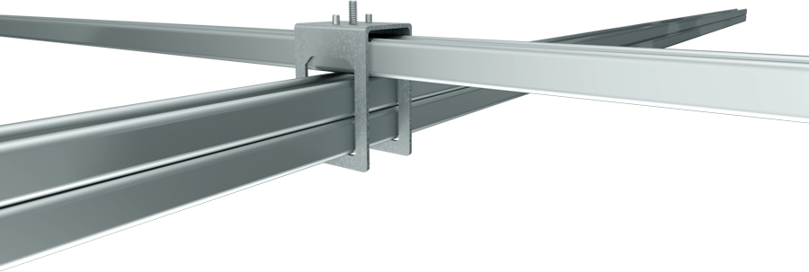 Slim intersection bracket rendering connecting multiple track busway rails at right angles
