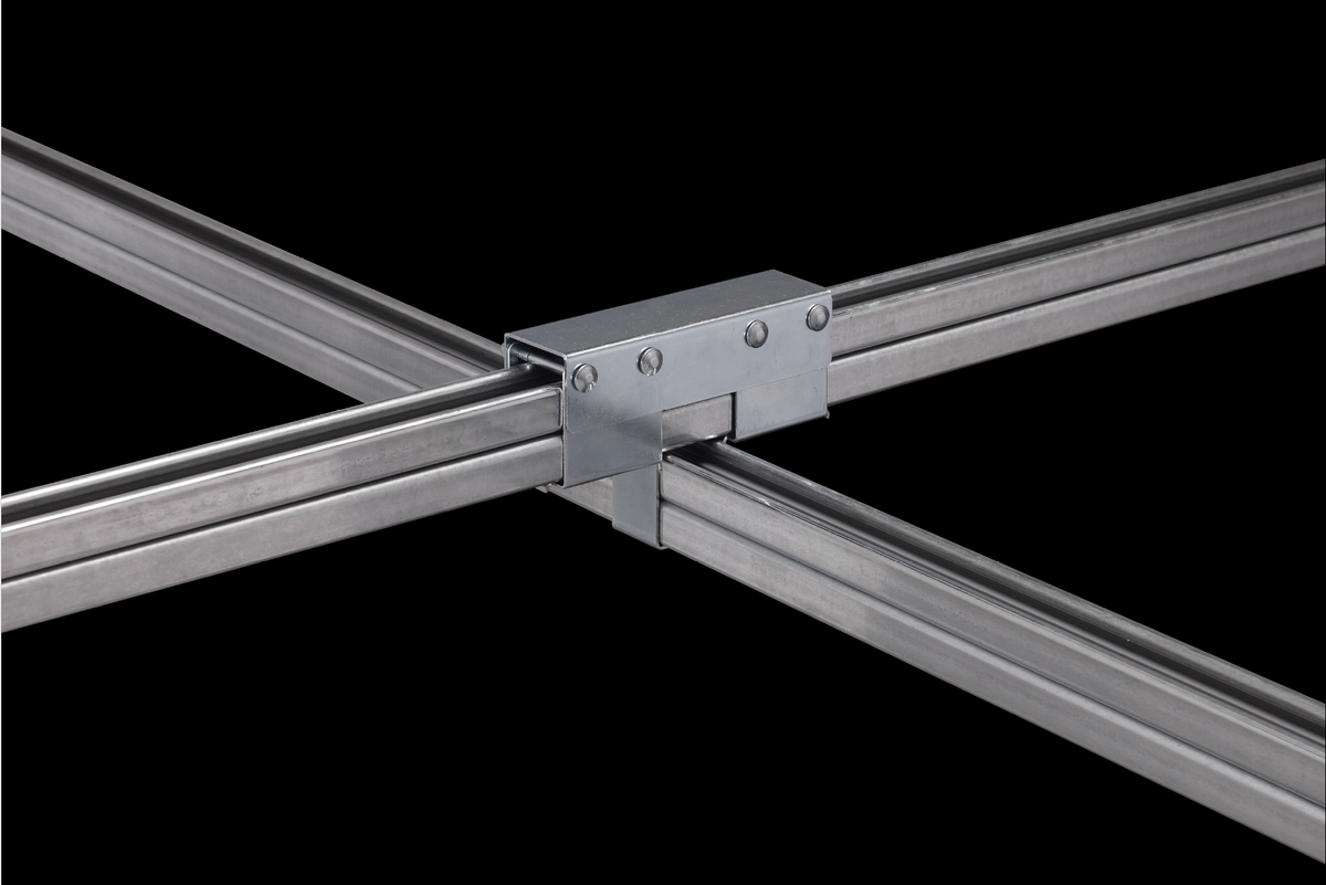 Product image of a two‑over‑two mechanical intersection bracket for connecting perpendicular track busway rails