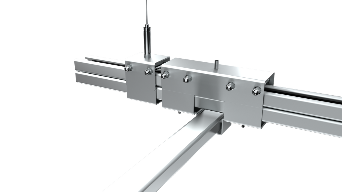 Rendering of a track busway hanger showing horizontal rails joined to a vertical threaded rod by a two‑piece bracket assembly