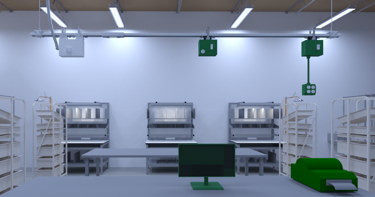 Single-Phase Track Busway with plug-in power drops over industrial manufacturing workstations