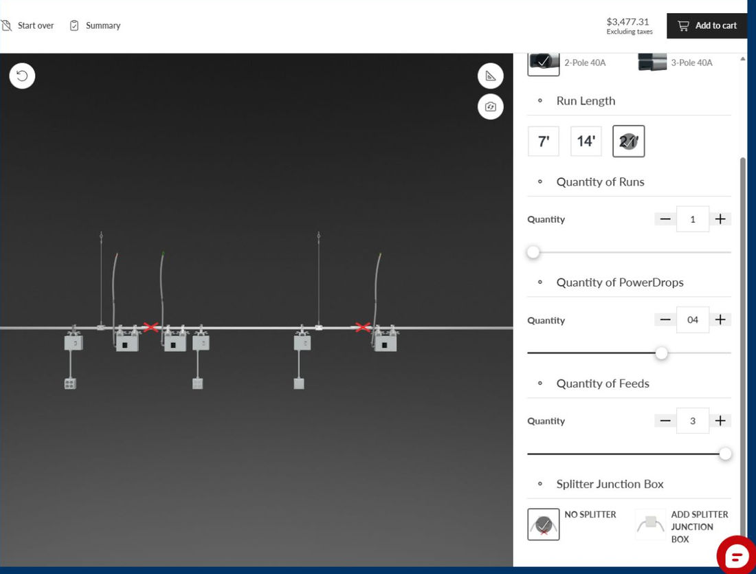 T40 configurator preview showing a busway row, PowerDrops and configuration controls