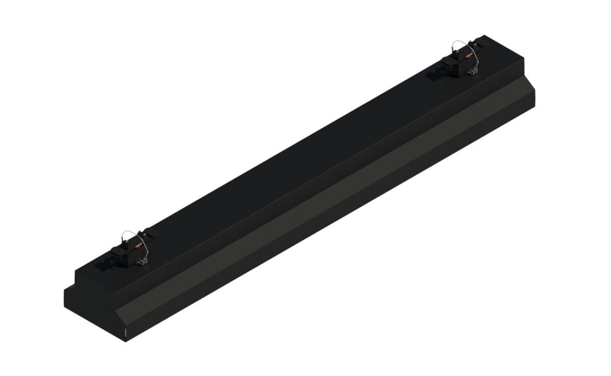 Slim batwing channel light with angled wings and a diffused lens, suspended from the busway by connectors