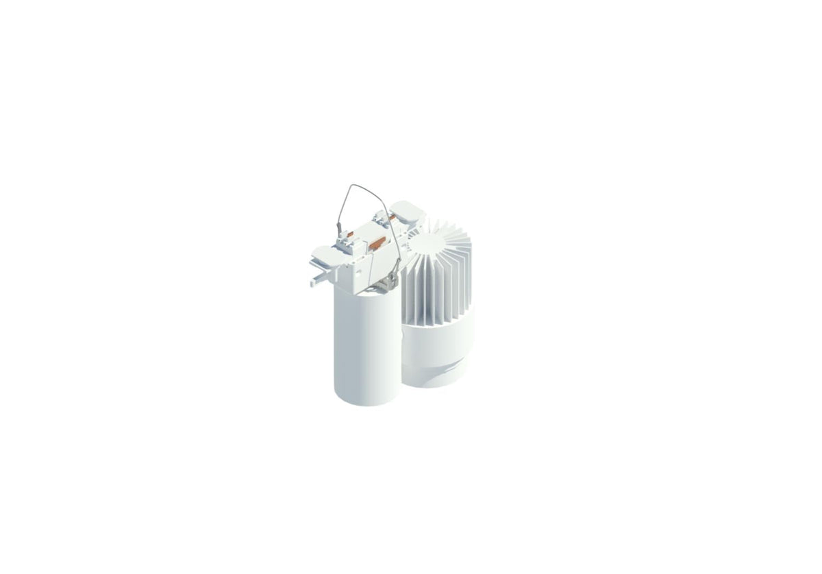 Variant of an LED accent kit showing heat-sink and cylindrical light-housing components for track busway mounting