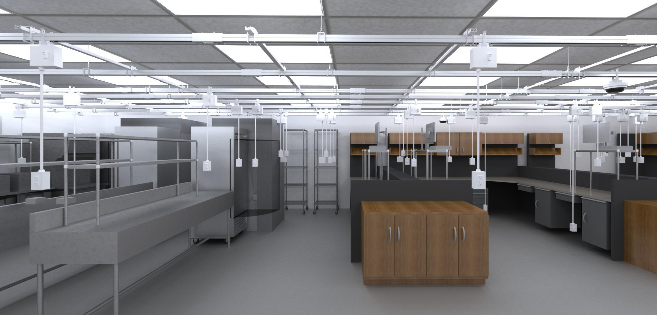 Suspended Track Busway system with plug-in power drops over lab workstations and cabinetry
