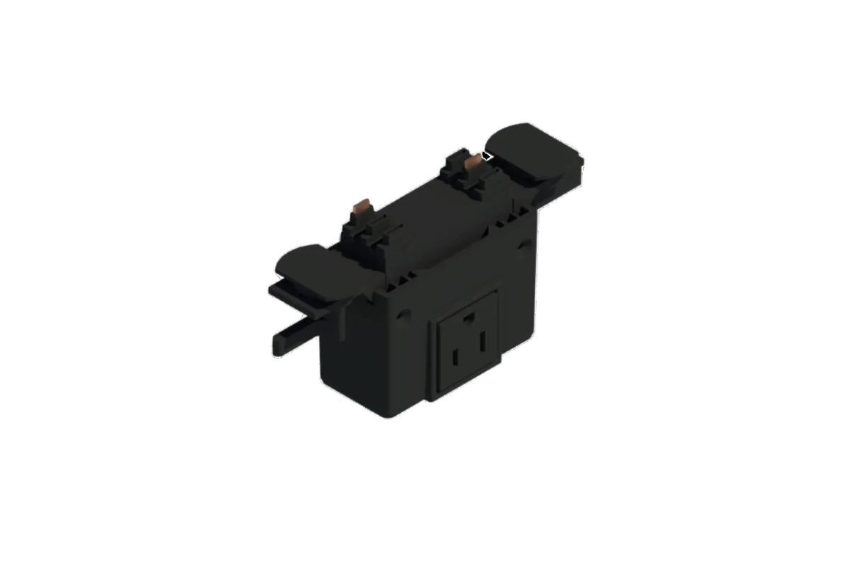 Black plug‑in receptacle module for Track Busway with copper contacts and an integrated 120‑V outlet.