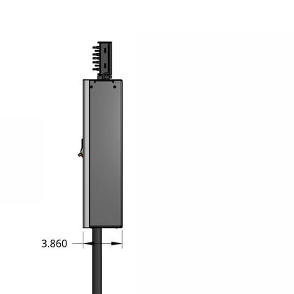 Side profile of standard tap box enclosure with cord and track busway fitting