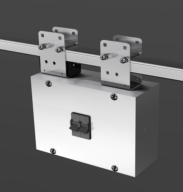 Track Busway feed unit with mounting brackets for powering suspended busway system