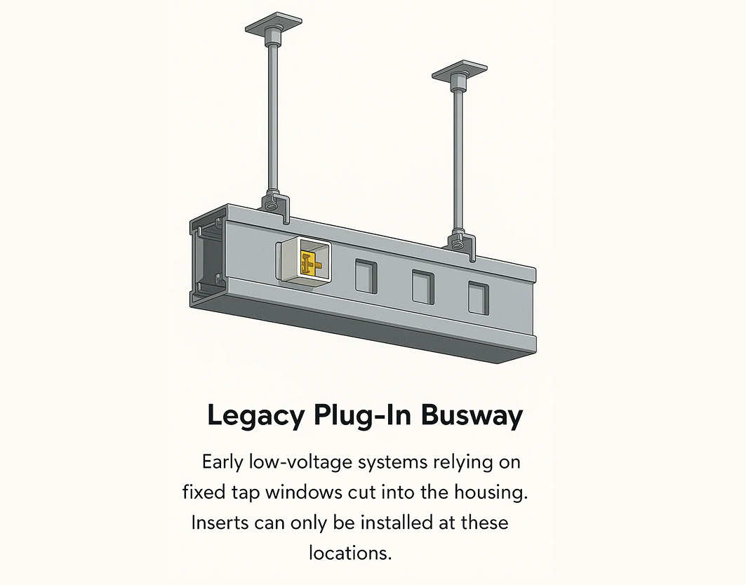 Legacy plug-in busway with fixed rectangular tap windows
