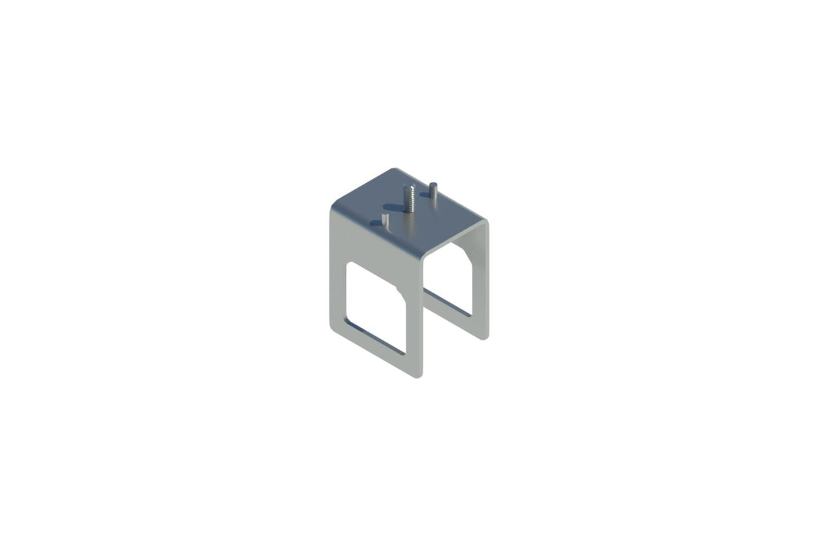 U‑shaped crossover bracket with two mounting pegs on top for securing track busway sections