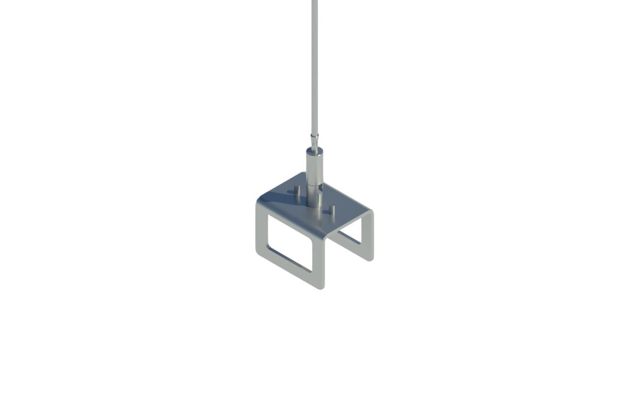 3D rendering of a hanger assembly with a threaded rod and a U‑shaped bracket designed to suspend a track busway from overhead