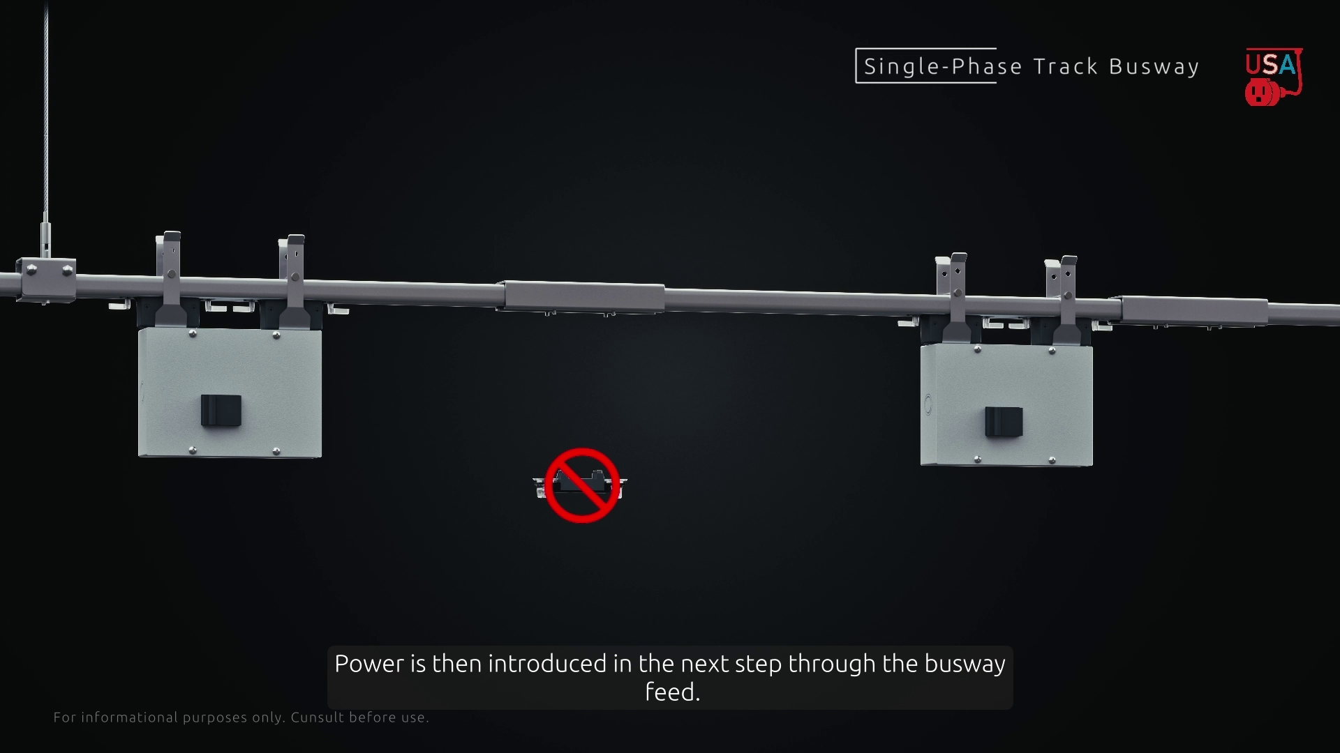 Track Busway installation with two power feeds supplying a single run, with a non-electric insert section between energized segments