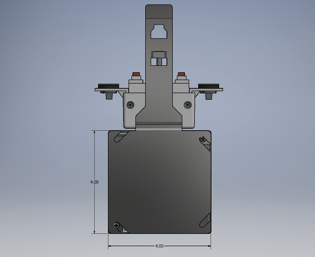 CAD drawing of a junction box with a mounting bracket and dimension annotations