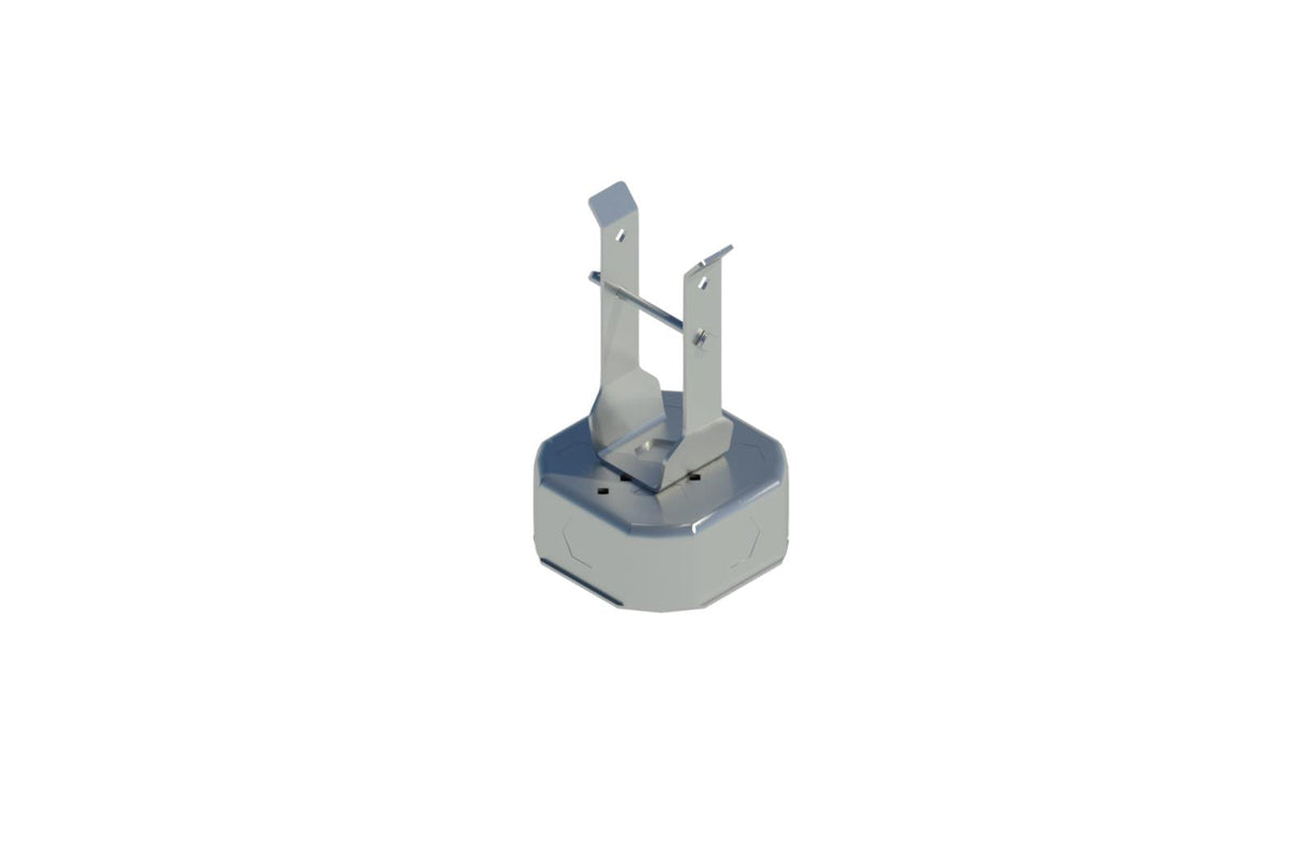 Illustration of a non‑electric octagon box assembly with perforated base and support bracket, with dimensions