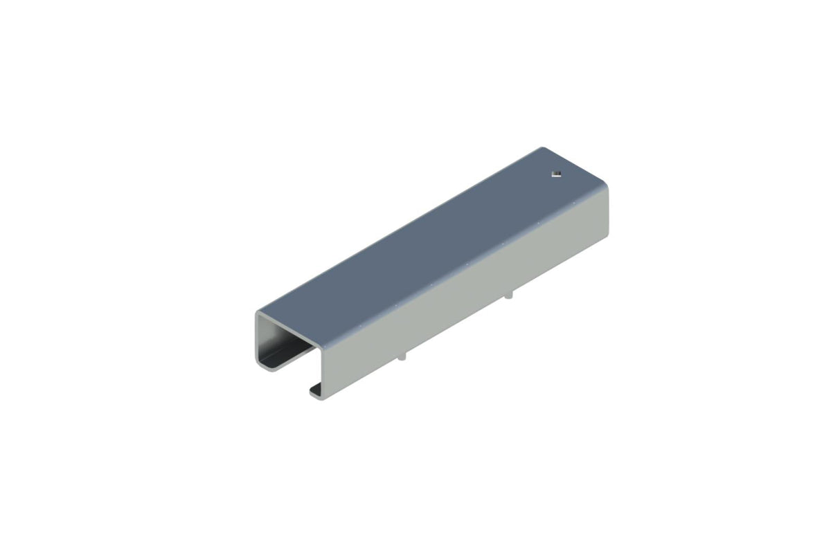 Grey rectangular sleeve‑like joiner cover used to conceal and connect two sections of track busway