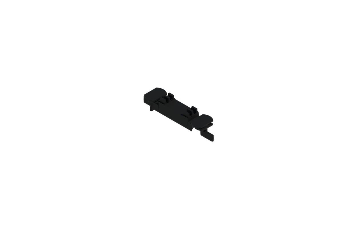 Small black joiner insert with clips and latch points used to join track busway sections without electrical conductors