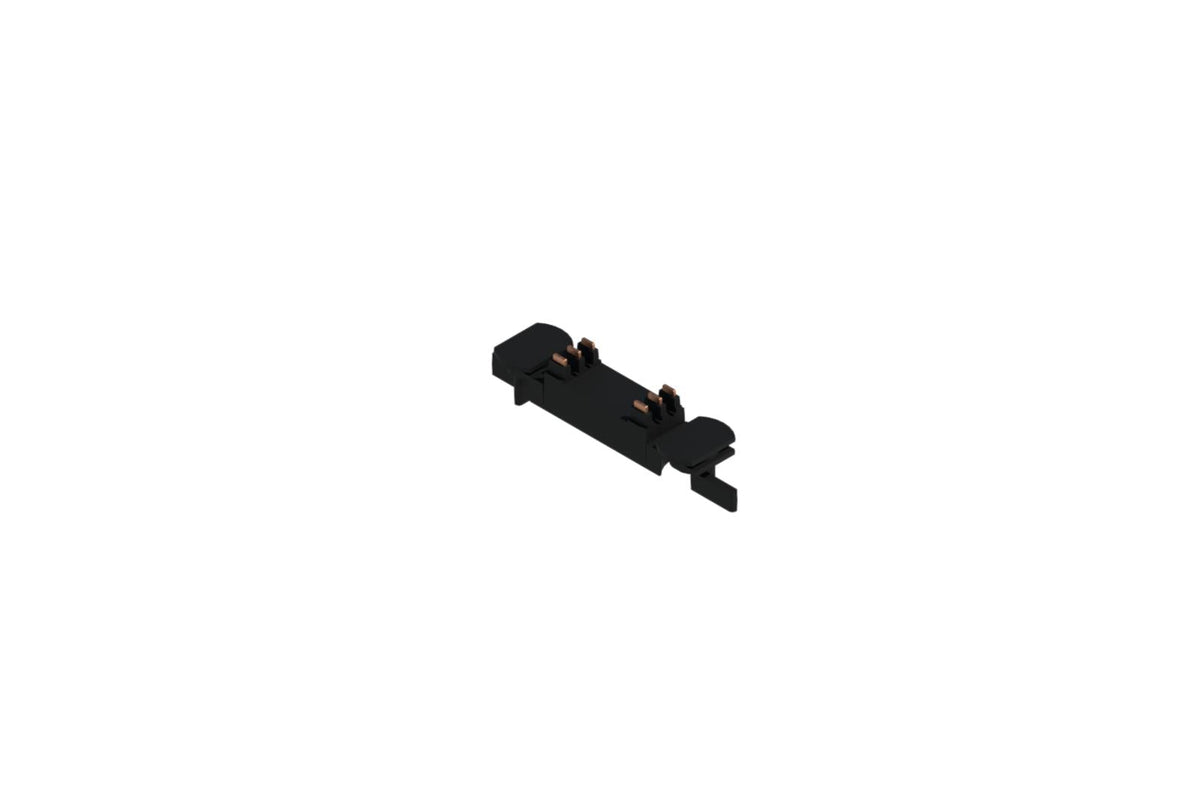 Black joiner insert featuring exposed copper contacts and locking tabs for electrically joining track busway sections