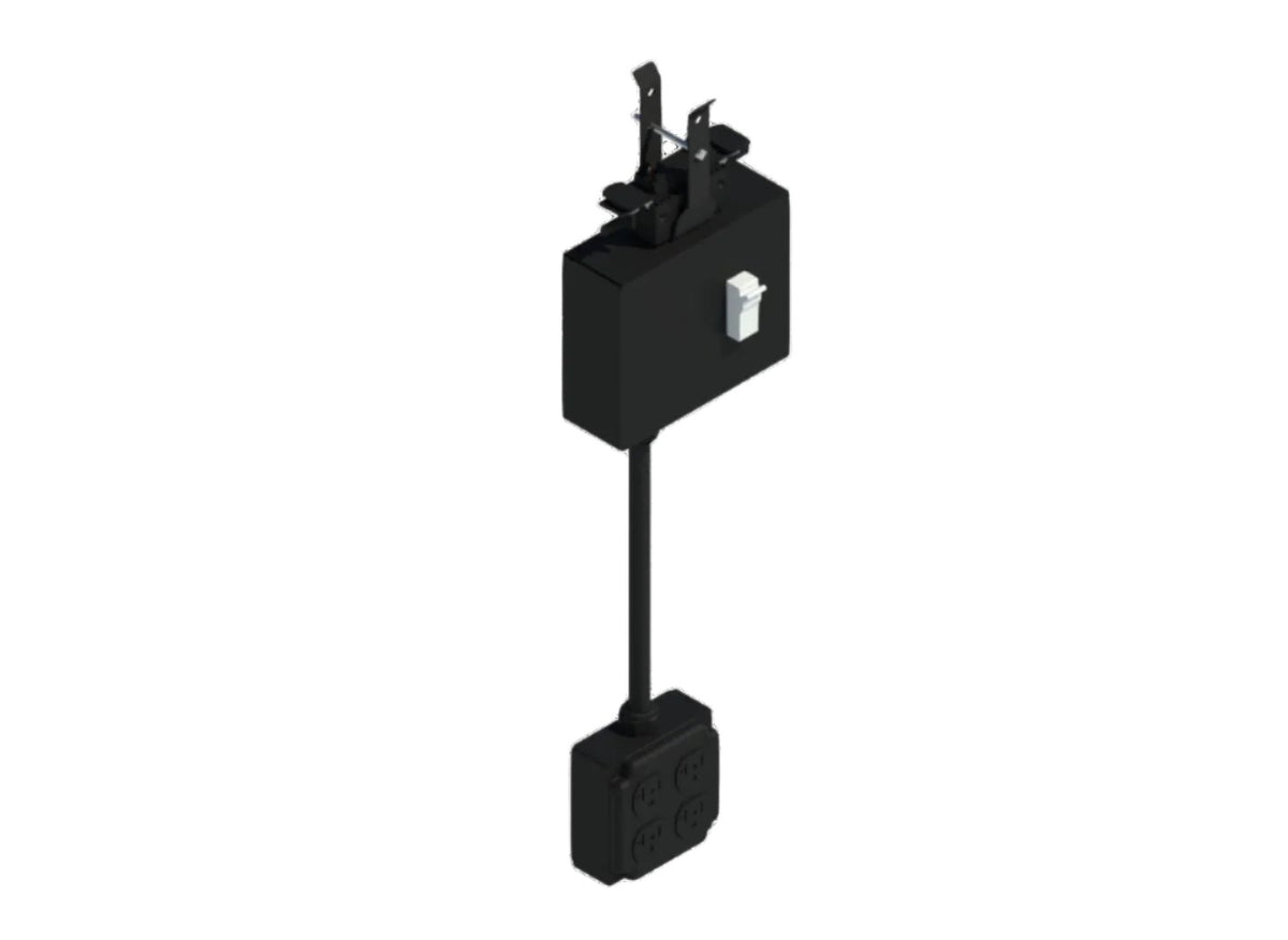 Black plug‑in power drop unit for Track Busway with built‑in breaker and a flexible cord leading to a four‑outlet receptacle block.