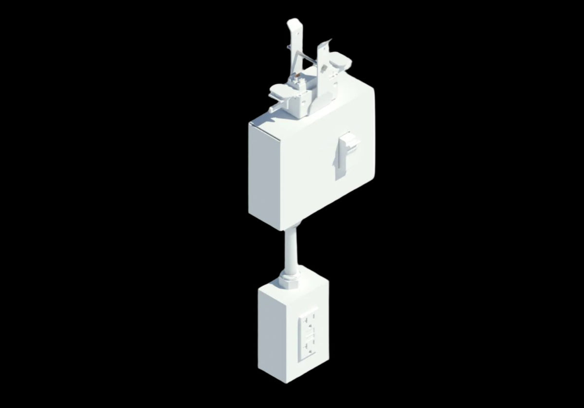 Angled rendering of a track busway with two plug‑in power modules on the rail and a hanging power cord