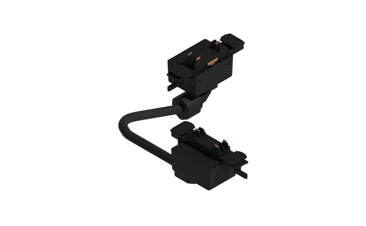 Jumper cord assembly consisting of two black plug‑in modules linked by a flexible cord to bridge between track busway sections