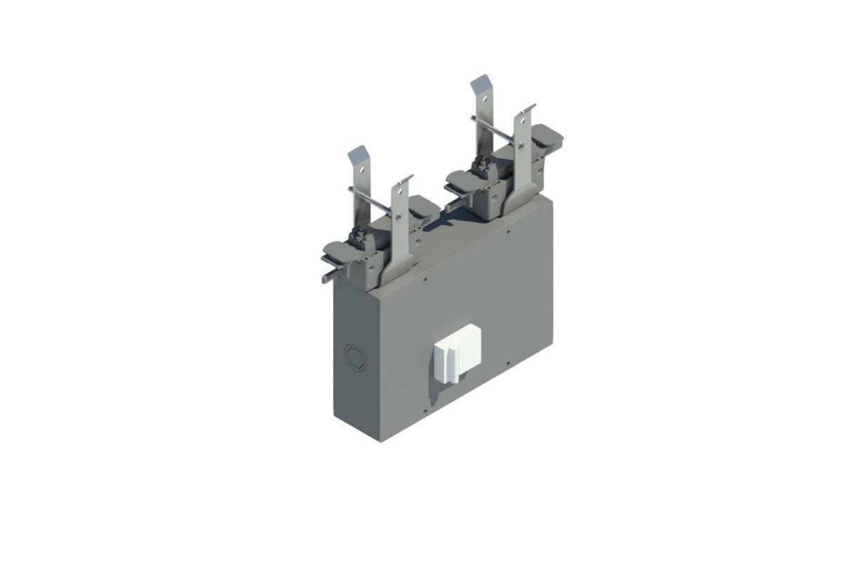 3D rendering of a rectangular line‑feed module with two vertical connector assemblies on top and a small housing on the side for mounting into the track busway