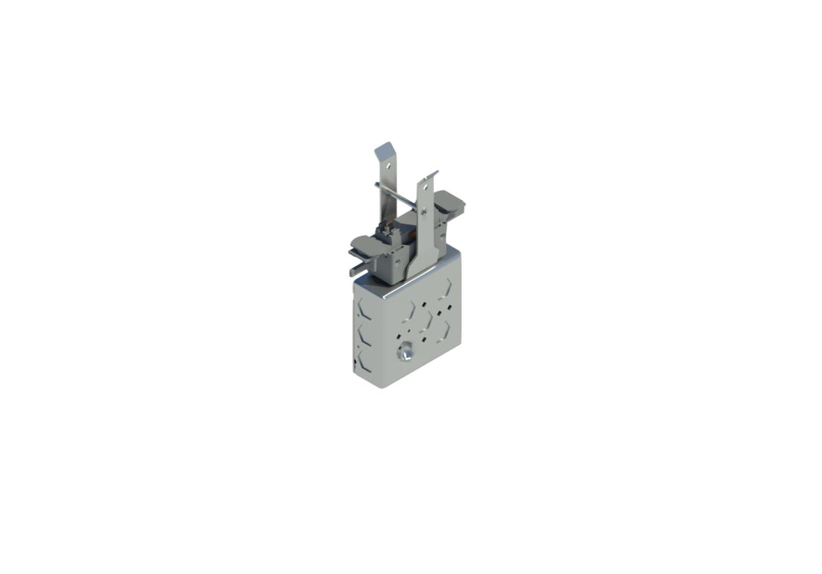 3D rendering of a universal junction kit featuring a rectangular junction box with knockouts and an adjustable mounting bracket for track busway