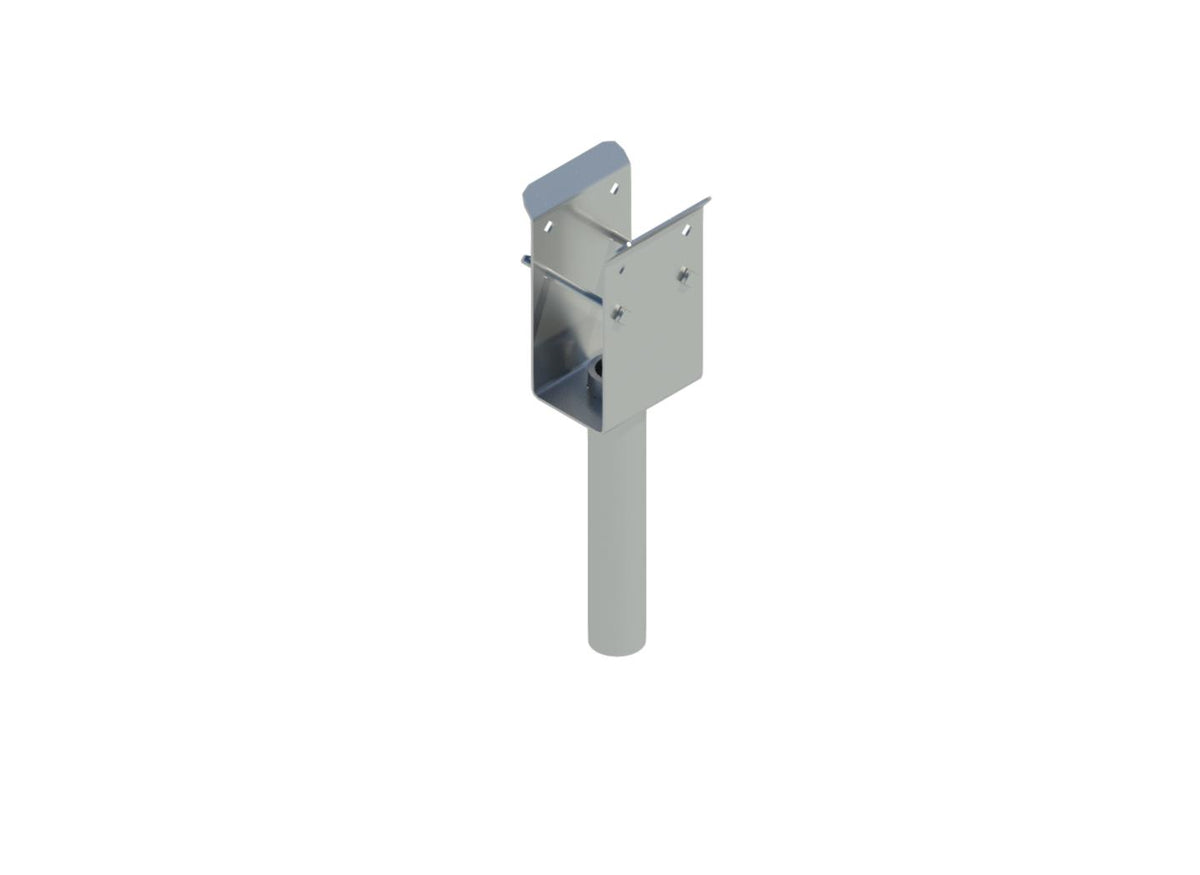 Mesh‑drop support bracket consisting of a slender vertical rod with a cross‑shaped clamp and mounting plate for attaching to a Track Busway.