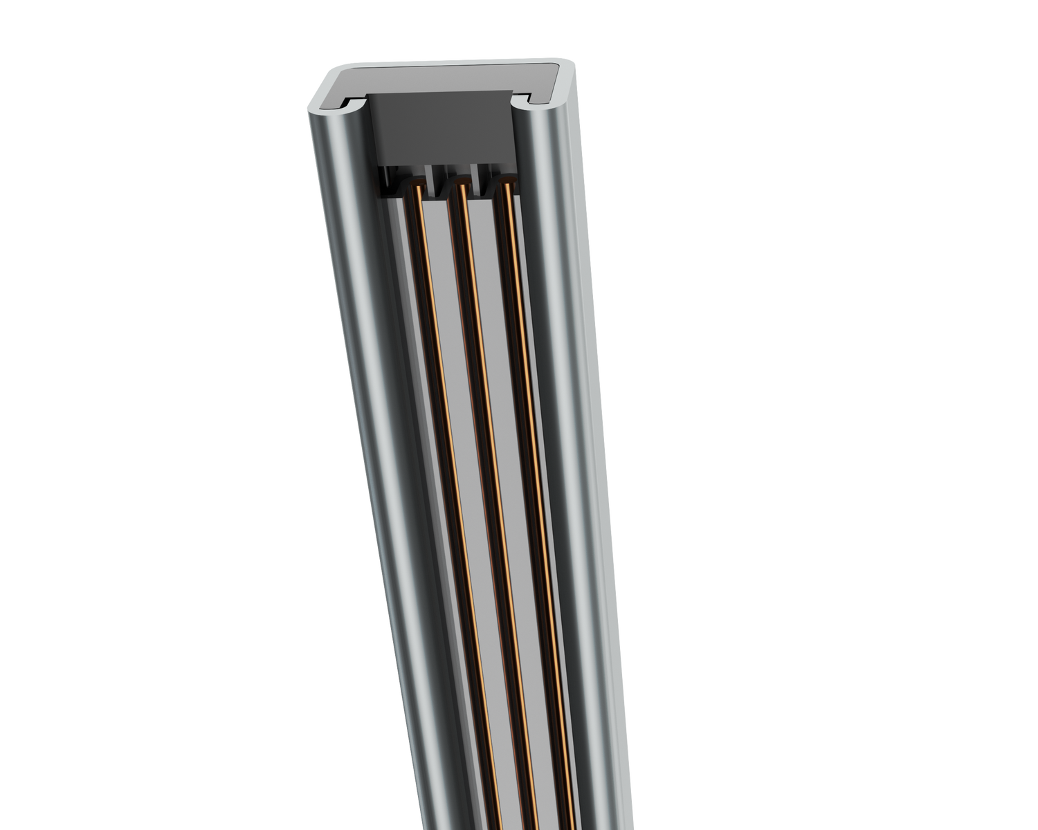 Cutaway view of Track Busway showing insulated copper busbars inside an open-slot housing