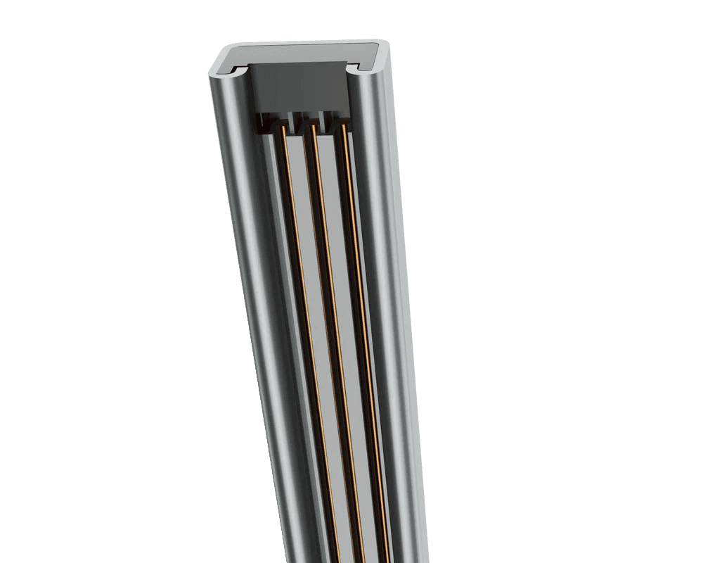 Cutaway of USA TrackBusway open-slot housing showing enclosed internal conductors