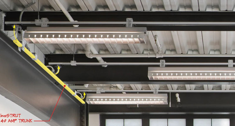 application photo of track busway feeding strategy from trunk to branches with lighting